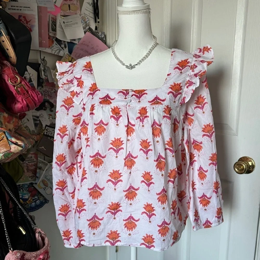NWT J. Crew Orange Ruffled 3/4 Sleeve Blouse Large